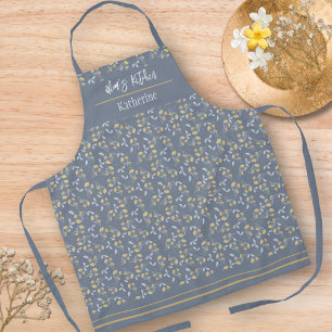 Tablier Motif Fleur sauvage jaune sur bleu ardoise