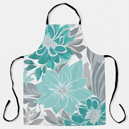 Tablier Motif Floral, Aqua, Turquoise, Turquoise et Gris (Recto)