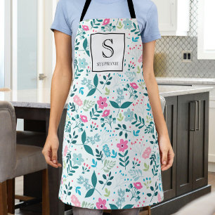 Tablier Motif floral bleu et rose avec monogramme et nom