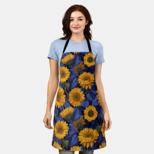 Tablier Motif floral bleu tournesol jaune vintage