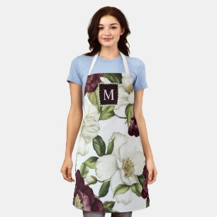 Tablier Motif Floral Bourgogne Monogramme Apron