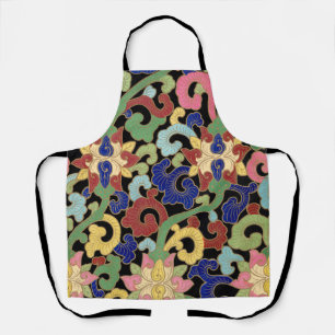 Tablier Motif floral chinois coloré sur fond noir