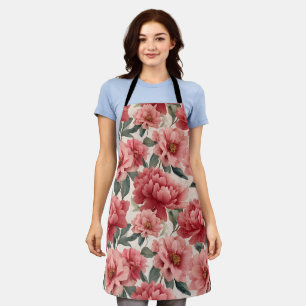 Tablier Motif floral crème de pivoine corail aquarelle