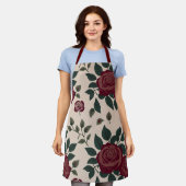 Tablier Motif floral de roses rouge foncé avec des feuille (Porté)