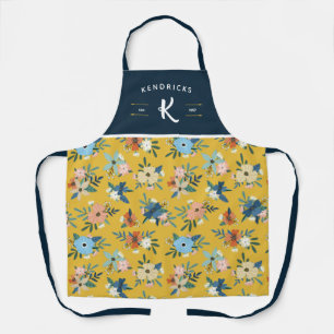 Tablier Motif Floral Jaune et Bleu Monogramme famille