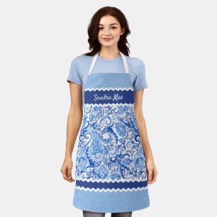 Tablier Motif floral paisley bleu blanc élégant personnali