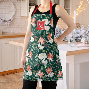 Tablier Motif floral poinsététie d'hiver Monogramme vert