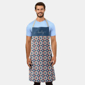 Tablier Motif géométrique bleu et corail (Porté)
