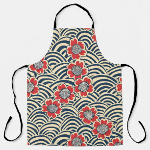 Tablier Motif japonais Sakura Rouge Crème Navy Wave