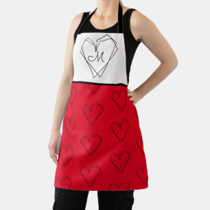 Tablier Motif ligne de cœur art noir blanc rouge