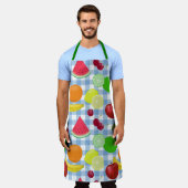 Tablier Motif Mixte  blanc et bleu fruits (Porté)