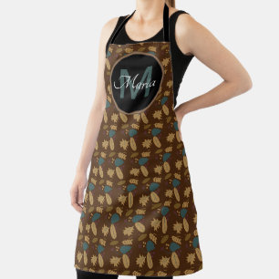 Tablier Motif Monogramme Automne Gland et Feuilles Burgund