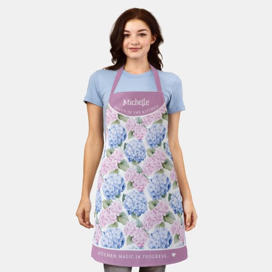 Tablier Motif Pastel rose et bleu hydrangea (Porté)
