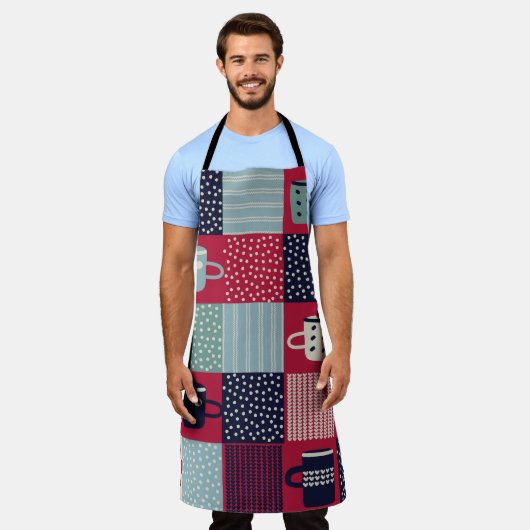 Tablier Motif, patchwork avec tasses dessinées à la main,  (Porté)