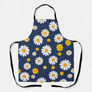 Tablier Motif Rétro Simple Fleur de Daisy Bleu Marine Jaun