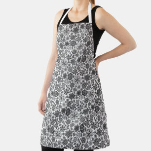 Tablier Motif sans couture d'art floral rétro noir gris bl