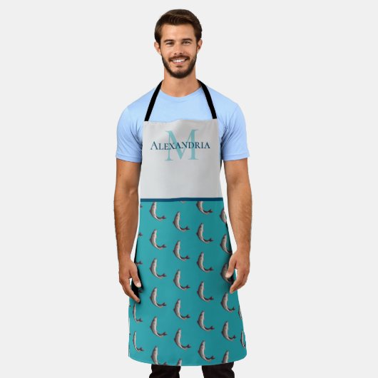 Tablier Motif Truite Nom Monogramme Blanc Sarcelle (Porté)