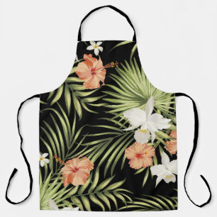 Tablier motif vintage tropical aux fleurs d'hibiscus et