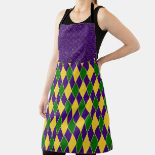 TABLIER MOTIFS MARDI GRAS OR VERT VIOLET