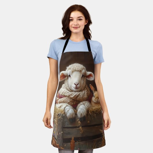 Tablier Moutons et lapin douillets en Grange avec Fleurs (Porté)