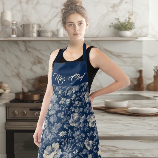 Tablier Mrs Chef Typography Indigo French Toile Floral 