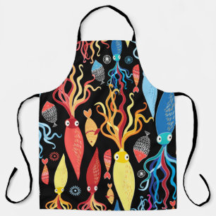 Tablier Multicolored pattern of different squid and fish o