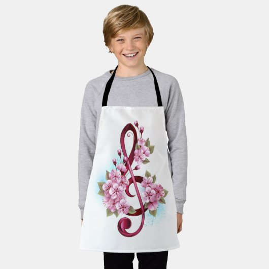 Tablier Musical treble clef notes with sakura flowers (Porté)