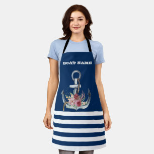 Tablier Nautique, Ancre Fleurie Rayures Bleu Marine
