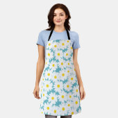 Tablier Négative Space Daisies blanc jaune sur bleu (Porté)