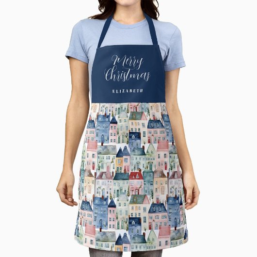 Tablier Noël Aquarelle bleue Maisons colorées Maisons de v