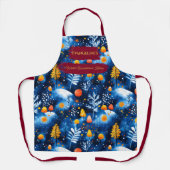 Tablier Noël bleu avec champignons, feuilles et neige (Recto)
