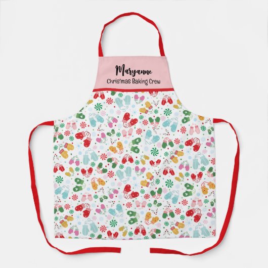 Tablier Noël Mittens Candy Red Pink Script Motif (Recto)