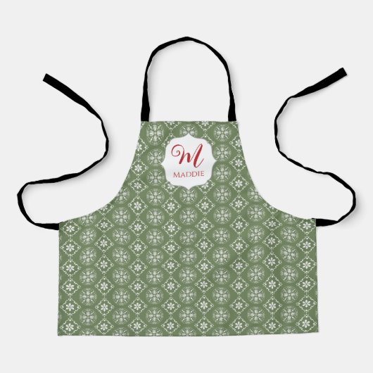 Tablier Noël Monogramme mignon Simple Flocon de neige vert (Recto)