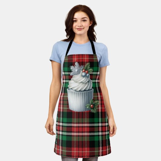 Tablier Noël Plaid Apron avec Noël Cupcake Design (Porté)