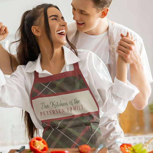 Tablier Noël plaid rouge vert nom de famille personnalisé