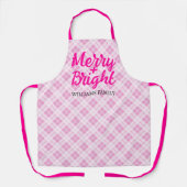 Tablier Noël rose tartan Joyeux Bright Nom de famille (Recto)