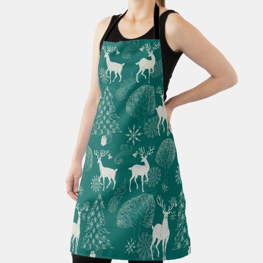 Tablier Noël rouge festif, forêt d'hiver. (Insitu)