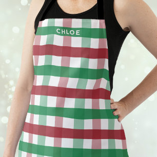 Tablier Noël Rouge Vert Plaid Nom personnalisé mignon