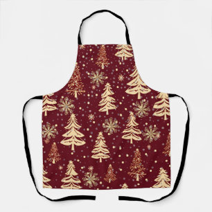 Tablier Noël rustique arbres verts rouge et or