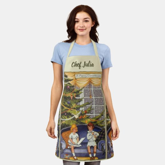 Tablier Noël vintage, Enfants assis sur un canapé (Porté)