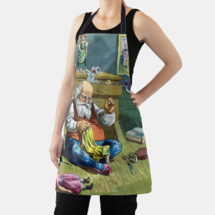 Tablier Noël vintage, le Père Noël fabrique des poupées