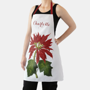 Tablier Noël vintage, plante hivernale de poinsettia rouge
