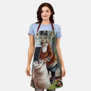 Tablier Noël vintage, Saint Nicolas au coin du feu