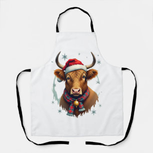 Tablier Noël Vintage Vache Highland Chapeau de Père Noël C