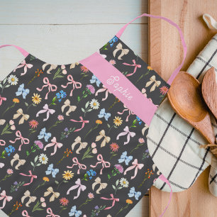 Tablier Nœud Chic Rose Noir Floral Élégance Motif Cuisine