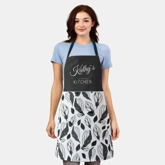 Tablier Noir Blanc Basil Herbe Feuille Motif Nom botanique (Porté)