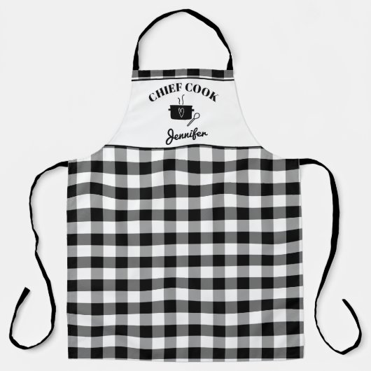 Tablier Noir et blanc Nom Cuisinier Buffalo Plaid Motif (Recto)