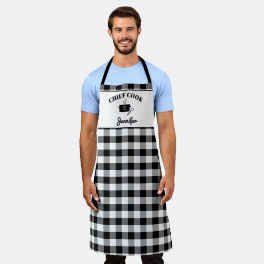 Tablier Noir et blanc Nom Cuisinier Buffalo Plaid Motif (Porté)
