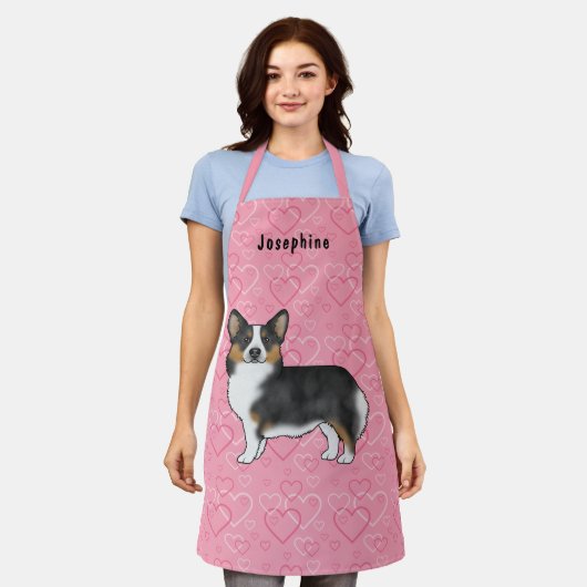 Tablier Noir Tri Pembroke Welsh Corgi Coeurs Avec Nom (Porté)