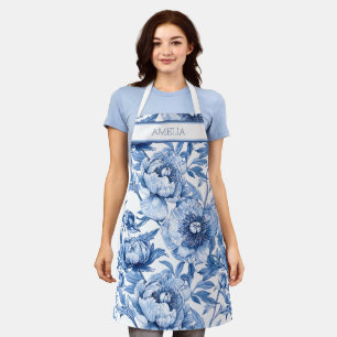 Tablier Nom Art Nouveau Fleur Botanique Bleue